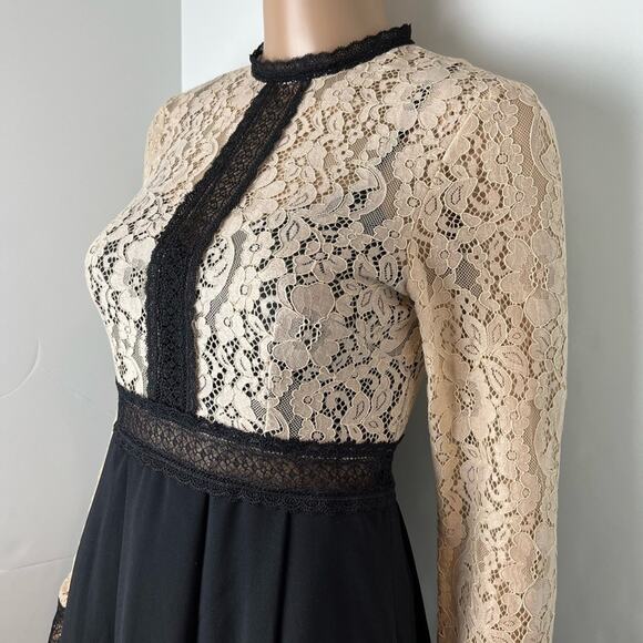 Little Mistress All Over Lace Top Long Sleeve Chiffon Semi Sheer Dress - Picture 5 of 12